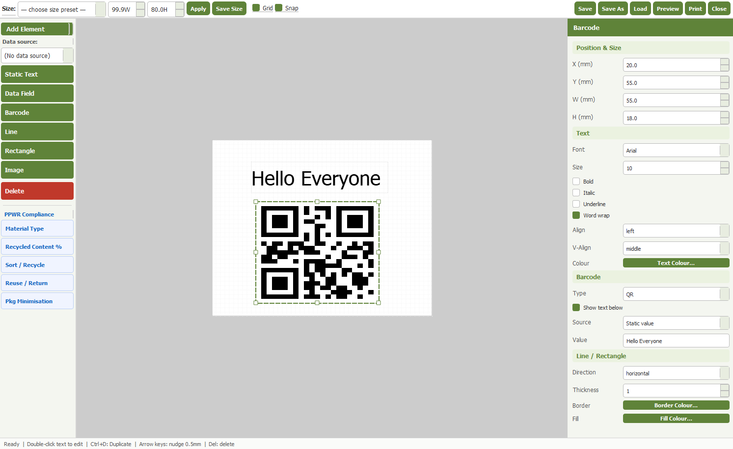 Label Designer screen