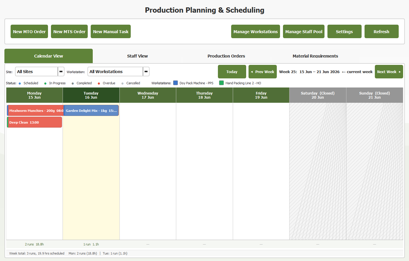 Production Planning screen