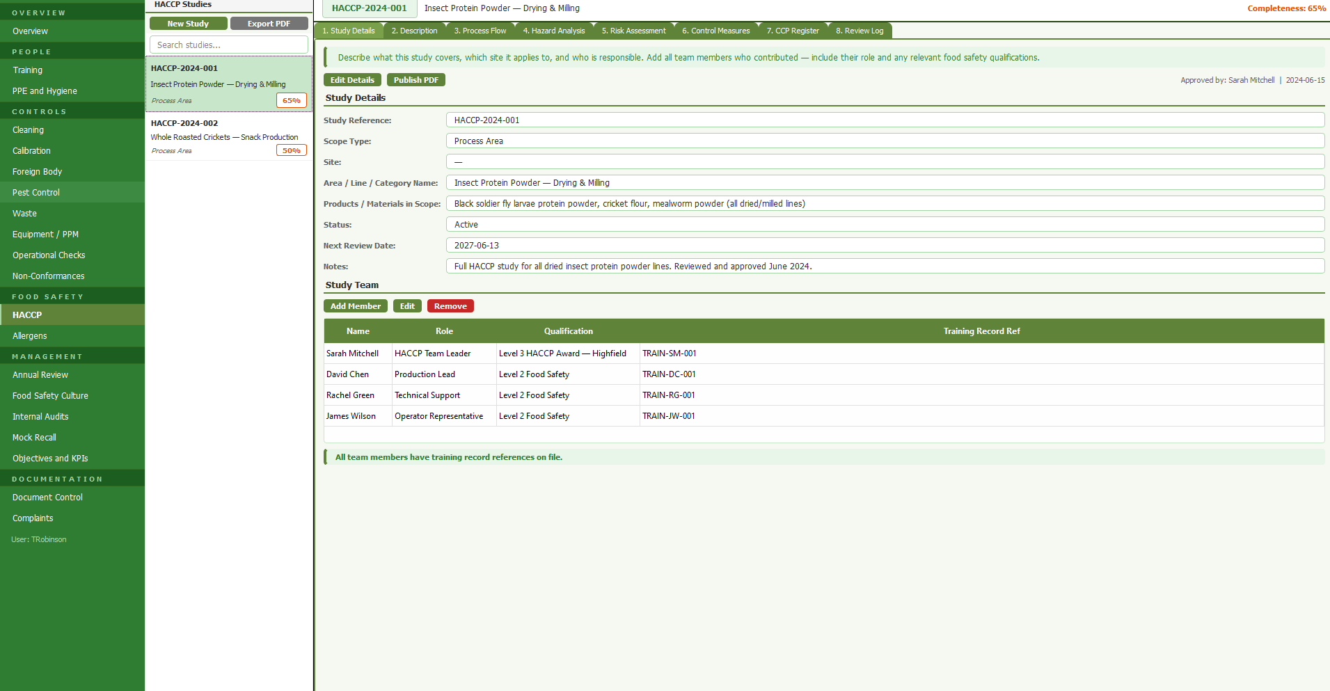 Quality Management HACCP builder screen